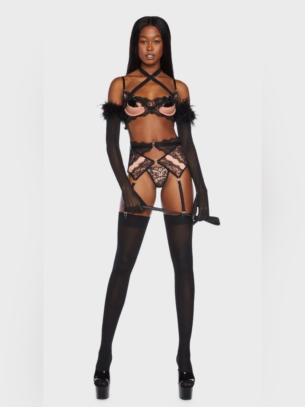 Thistle & Spire Narcissa 3 Piece Lingerie Set Black Peach XS